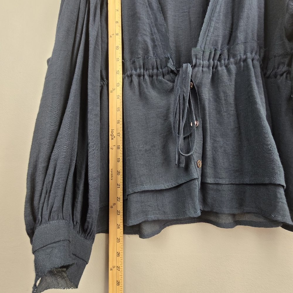 Flawless Drawstring Peasant Blouse V-neck Blue Womens Size S Boho Cottagecore - Picture 7 of 8